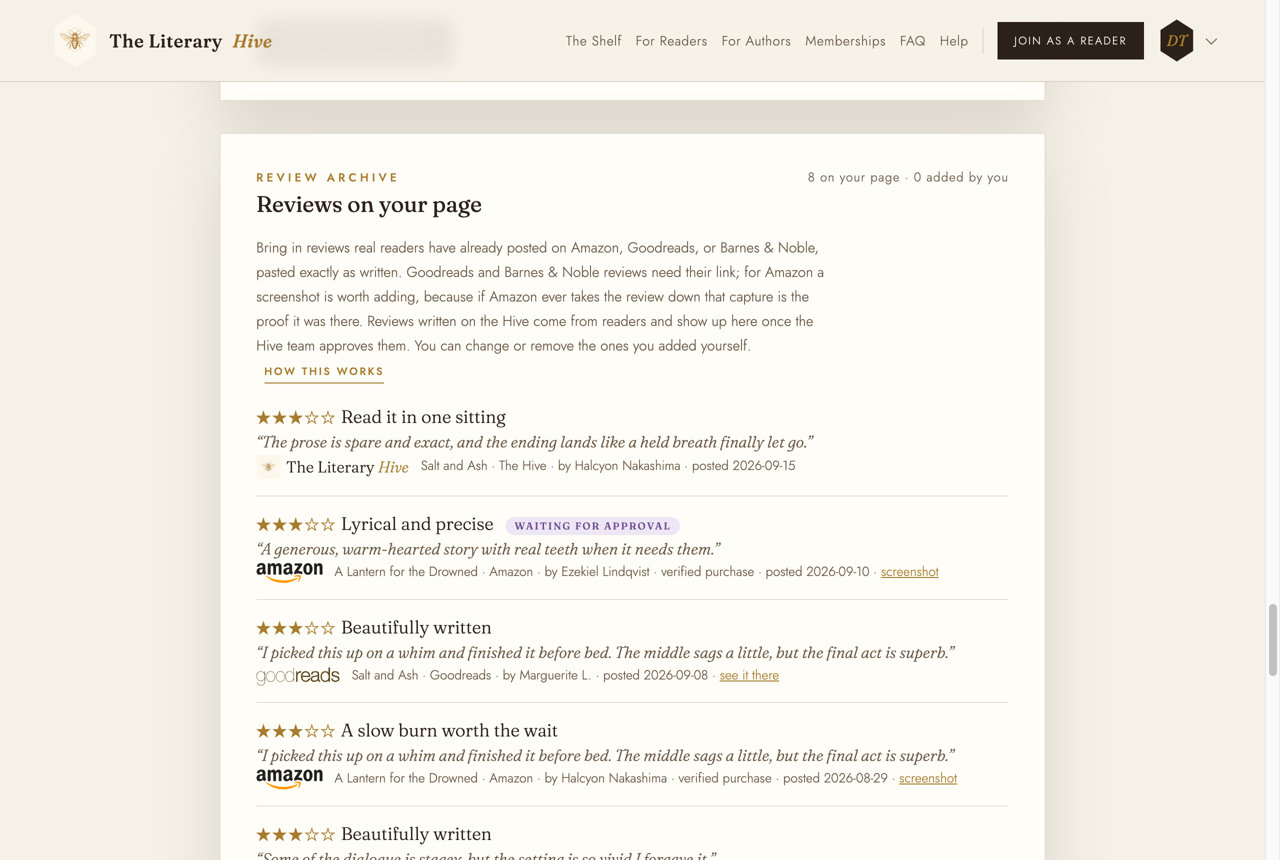 The Reviews on your page section listing reviews with their source and date