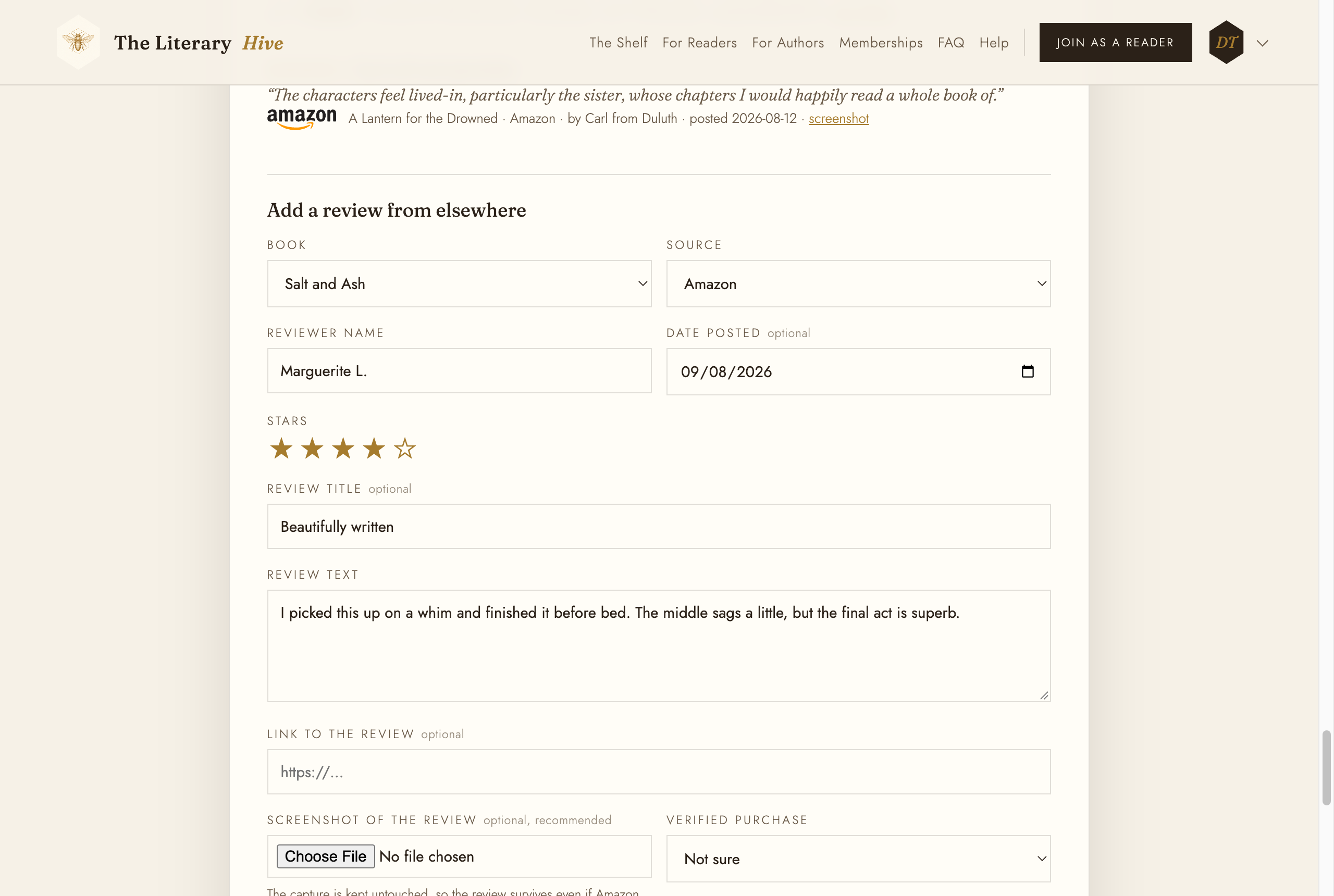 The Add a review from elsewhere form with book, source, reviewer name, stars, title and text