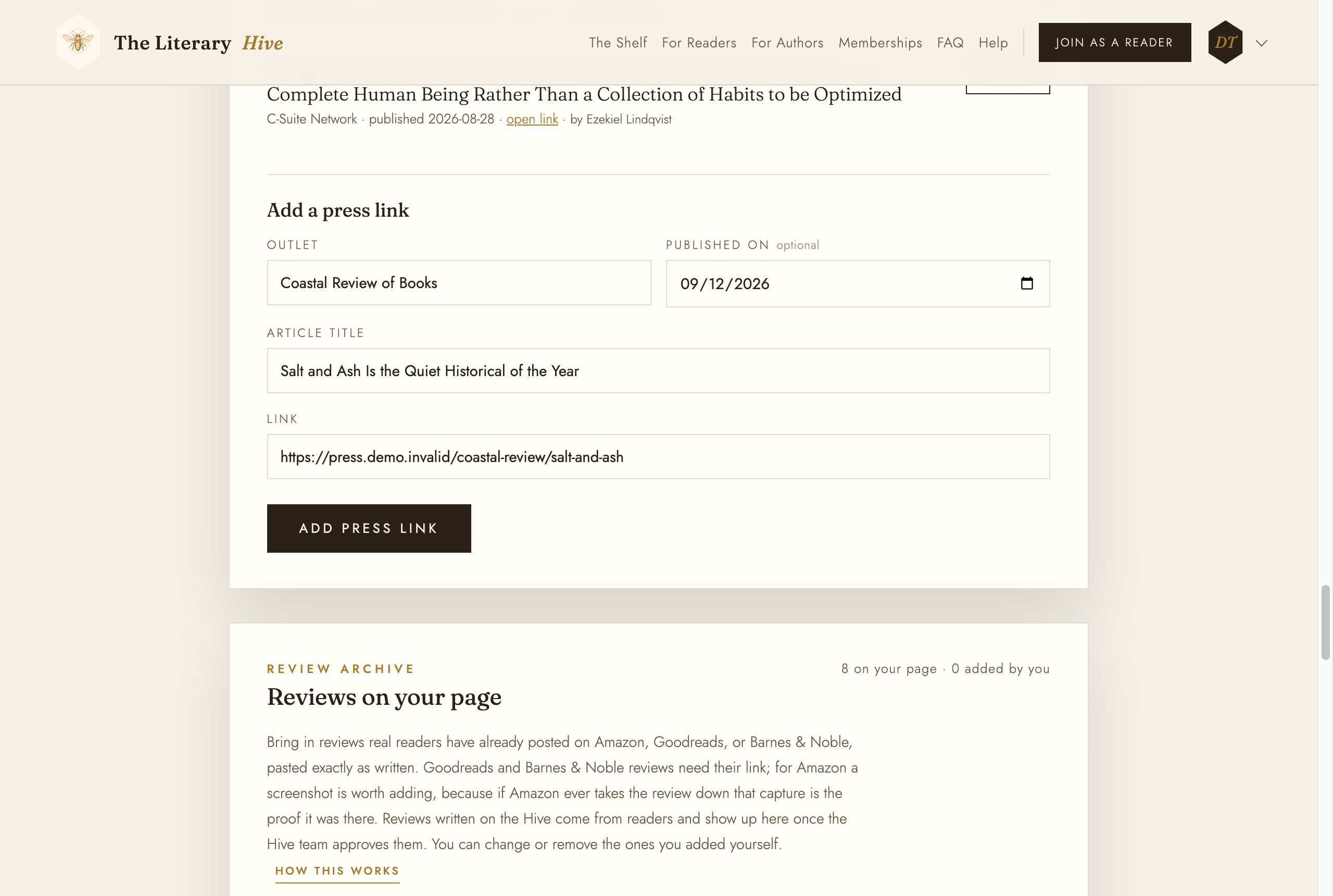 The Add a press link form filled in with an outlet, article title, link and date
