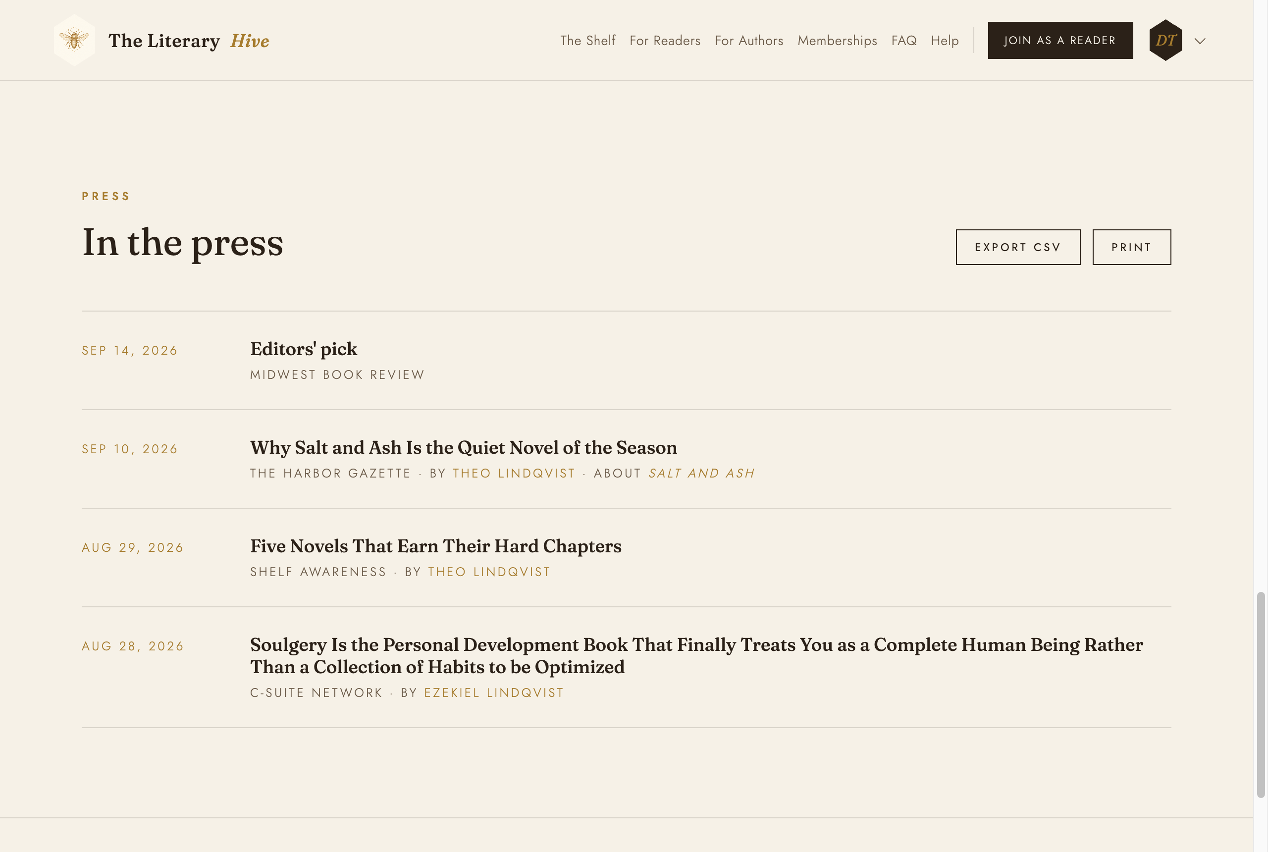 The In the press section of a public author page with Export CSV and Print buttons