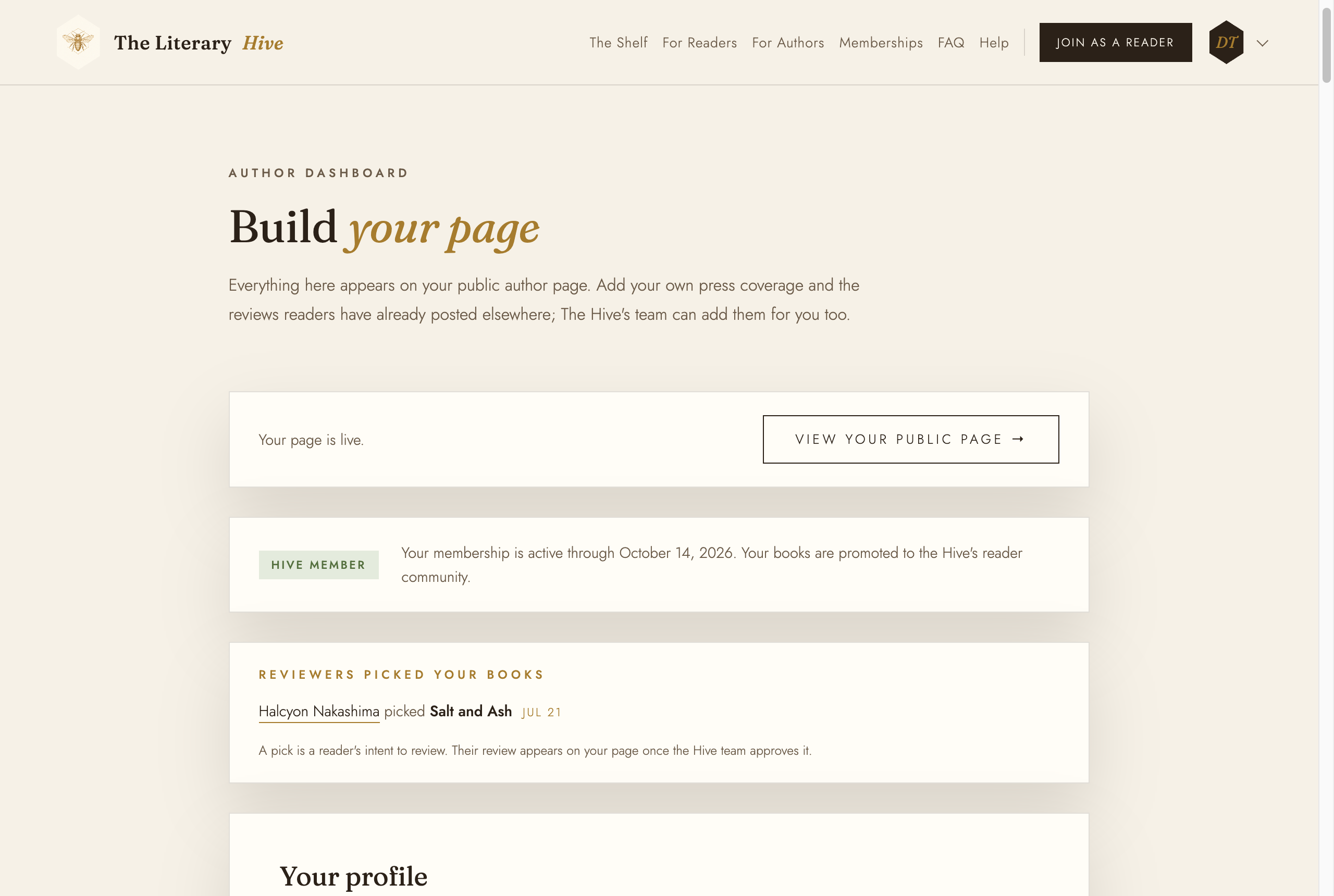 The top of the author dashboard with the Build your page heading and a link to view the public page