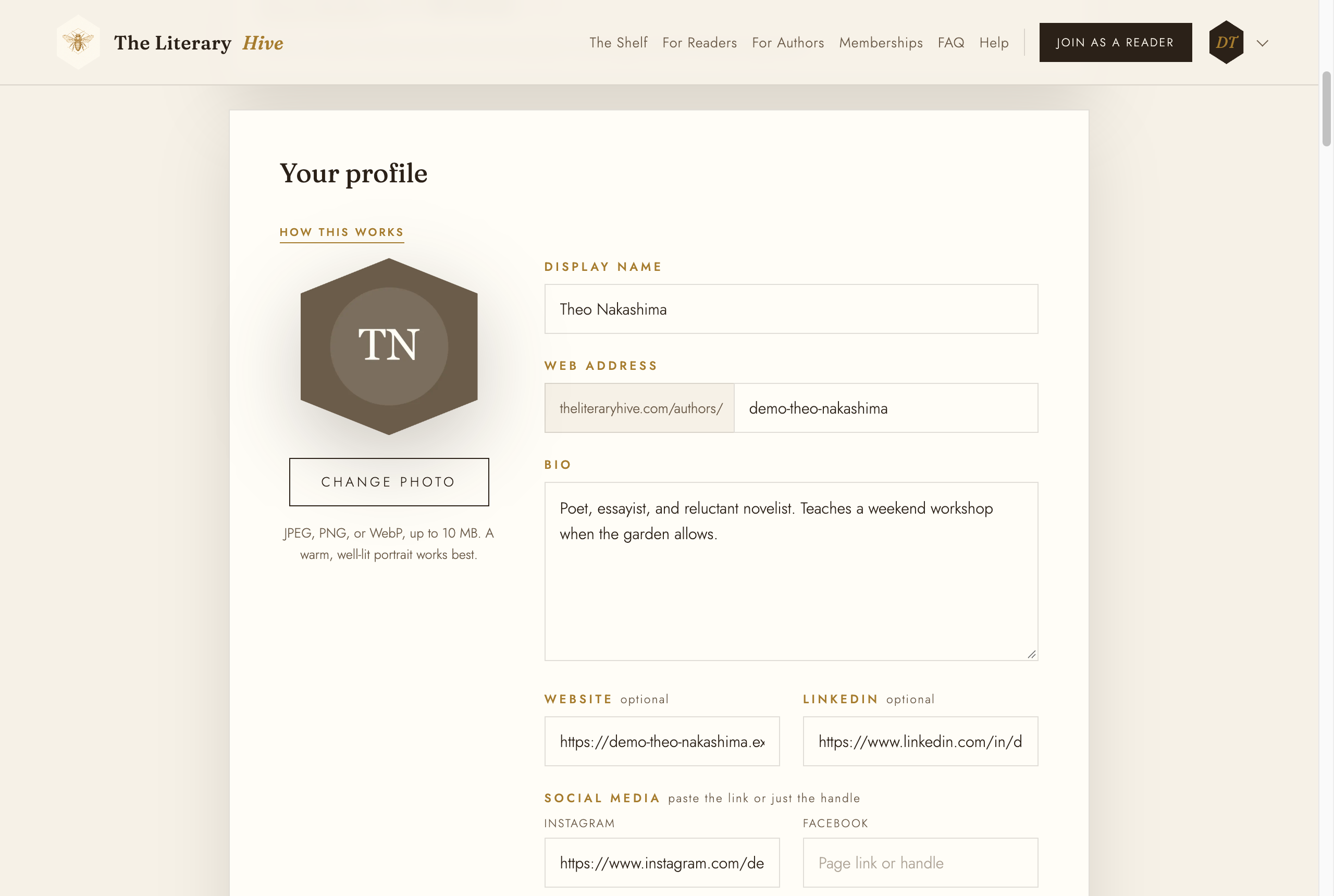 The Your profile form with photo, display name, web address, bio, website and social media fields