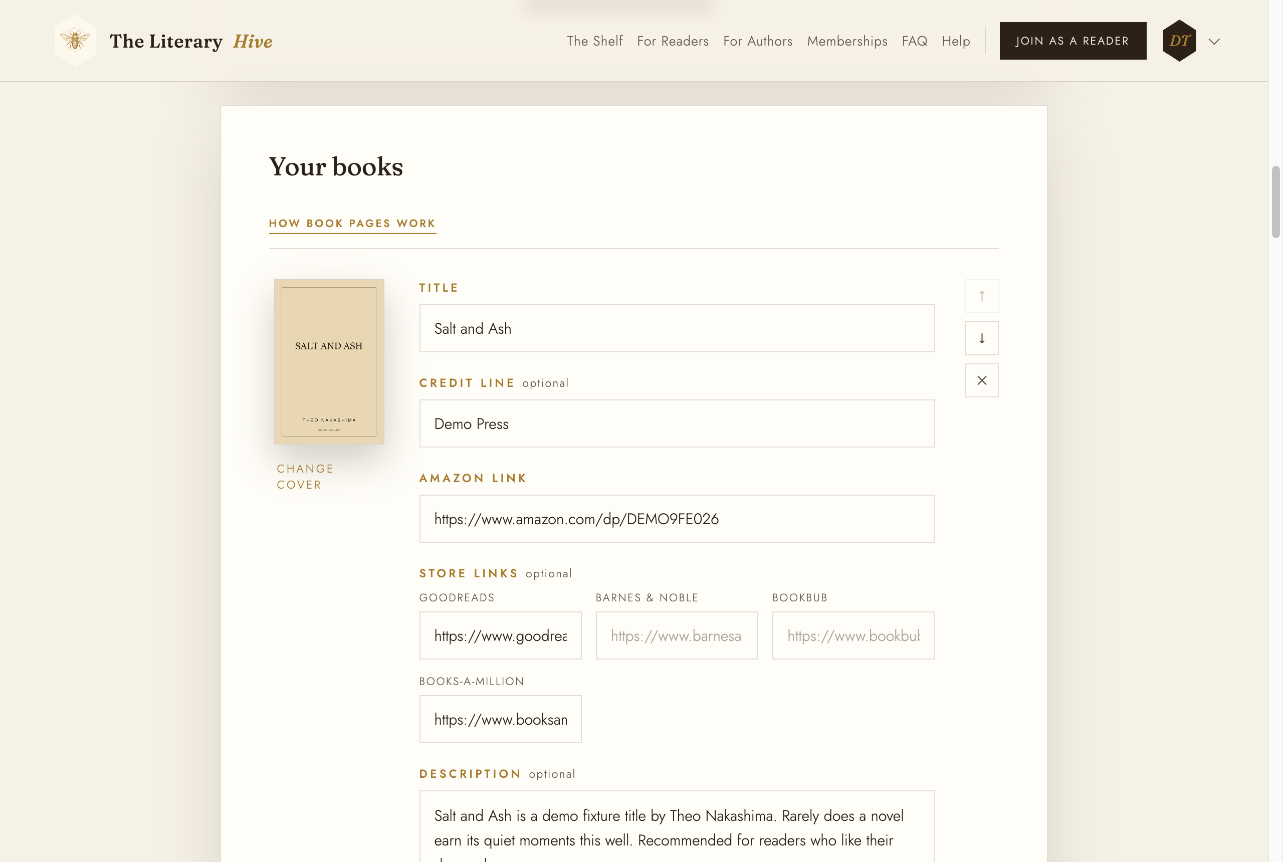 A book form on the dashboard with title, credit line, Amazon link, store links and description
