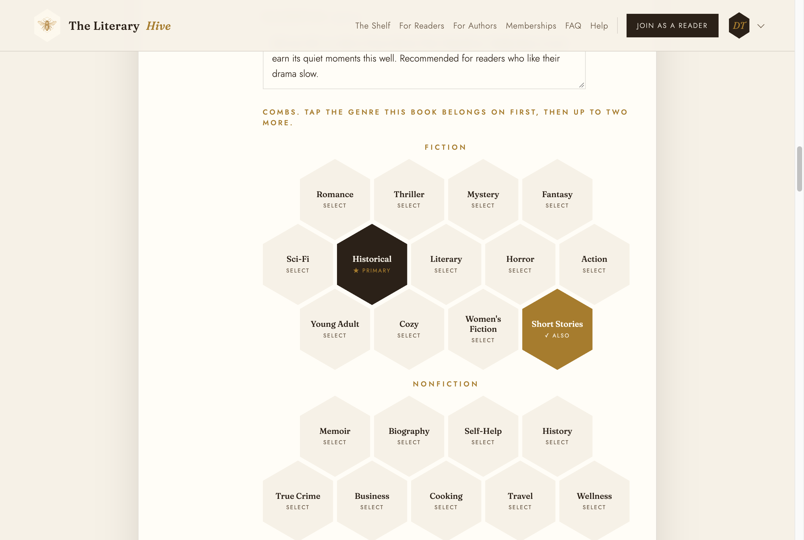 The combs honeycomb with one genre marked Primary and another marked Also