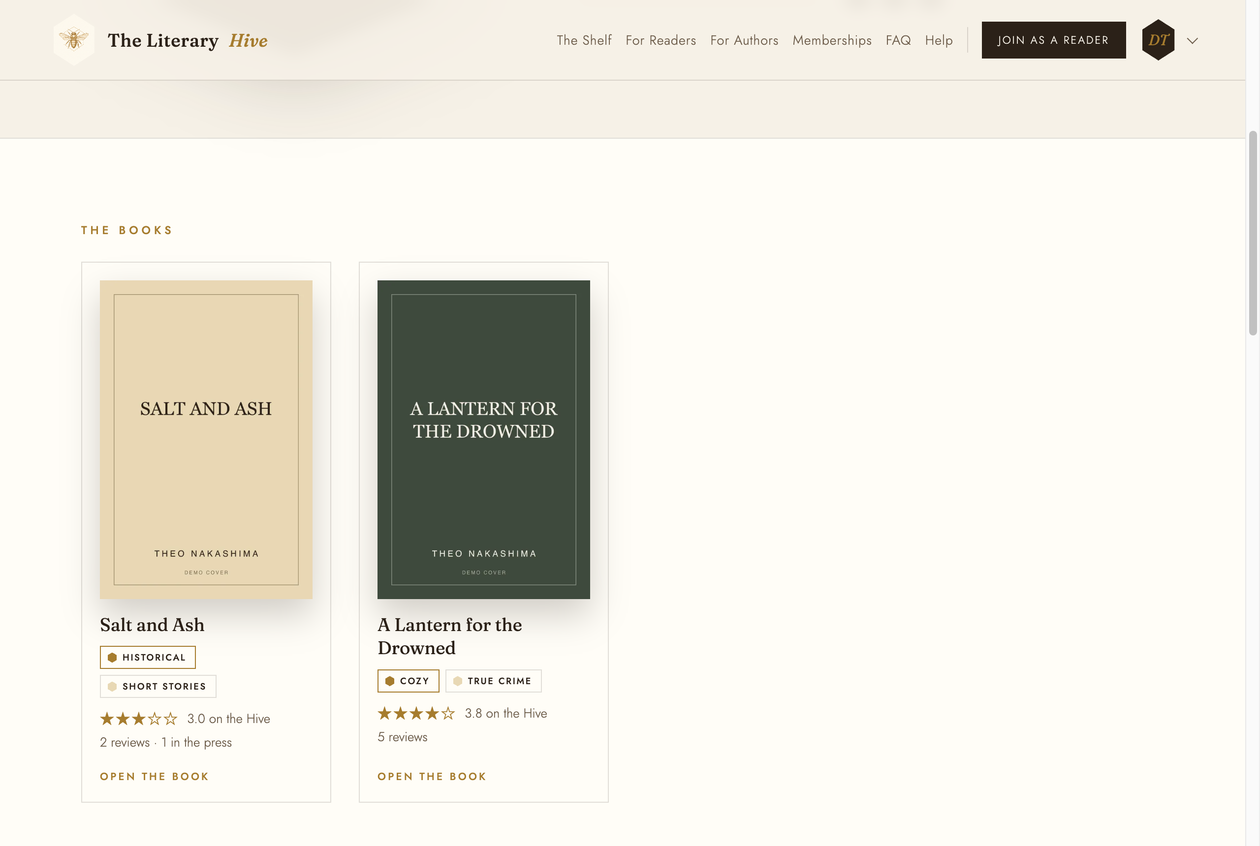 An author page with two book cards, each showing a cover, genres, a Hive rating and review count