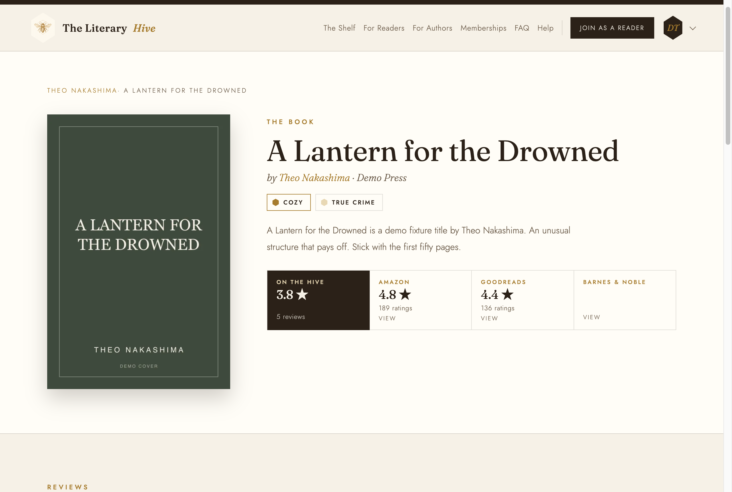 A book page with its cover, description, a ratings strip showing the Hive, Amazon and Goodreads, and reviews below