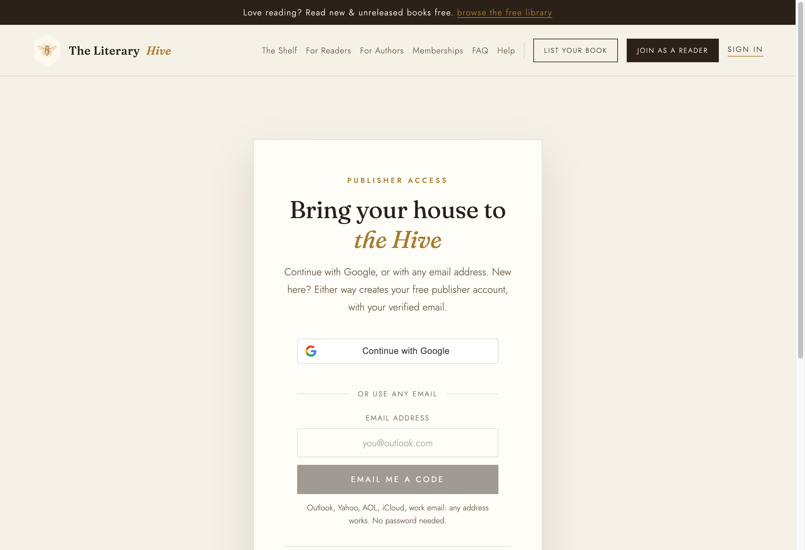 The sign-in page headed Bring your house to the Hive