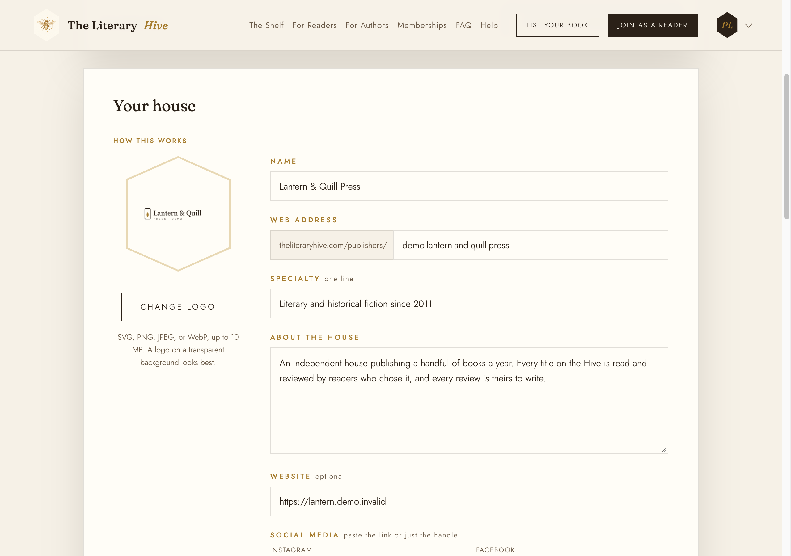 The Your house form with the logo, name, web address, specialty and about fields