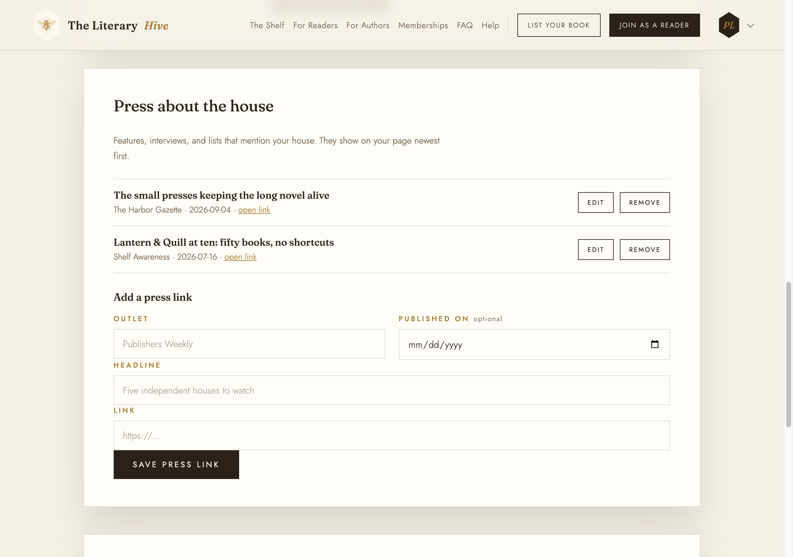 The press list with two links and the form to add another