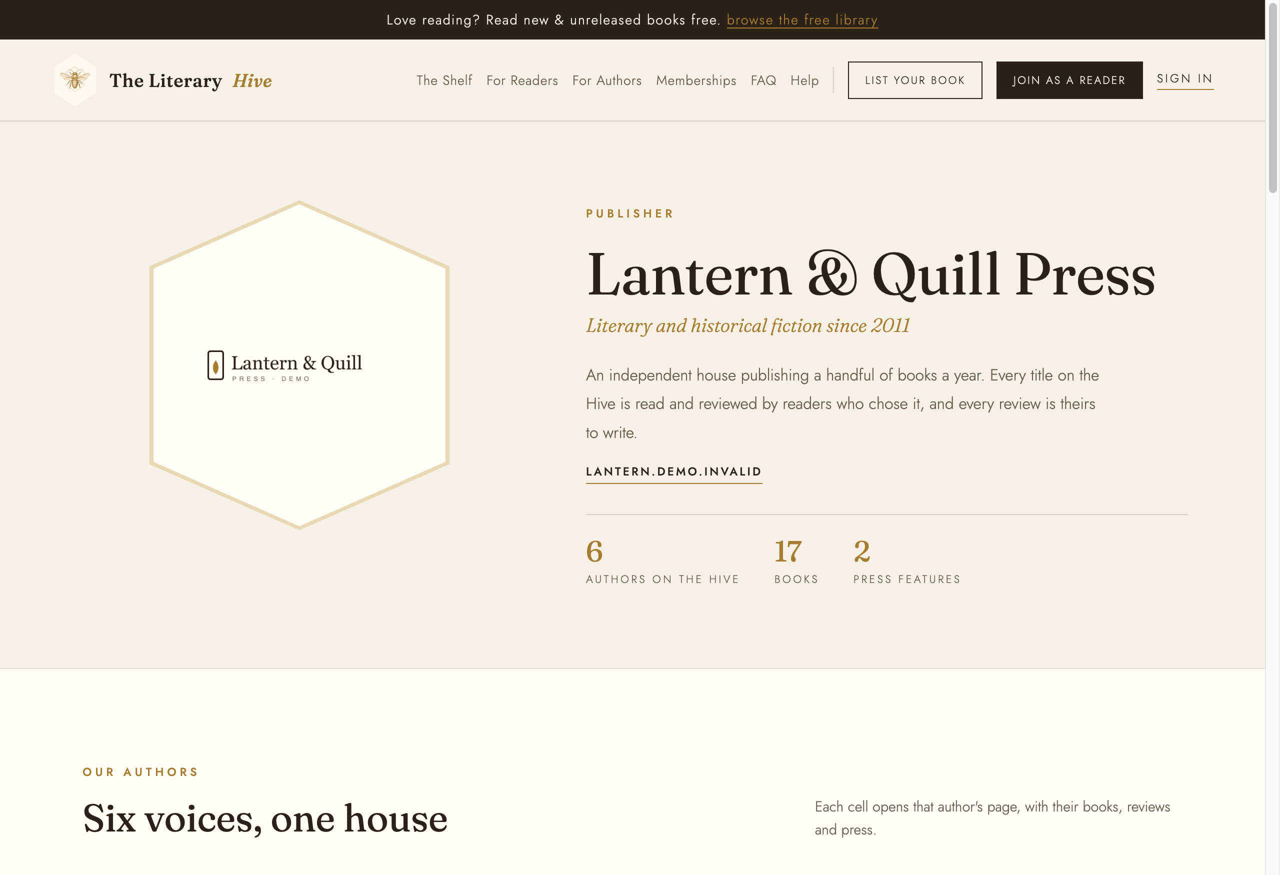 A publisher page with the logo in a hexagon, the name, specialty, and counts of authors, books and press