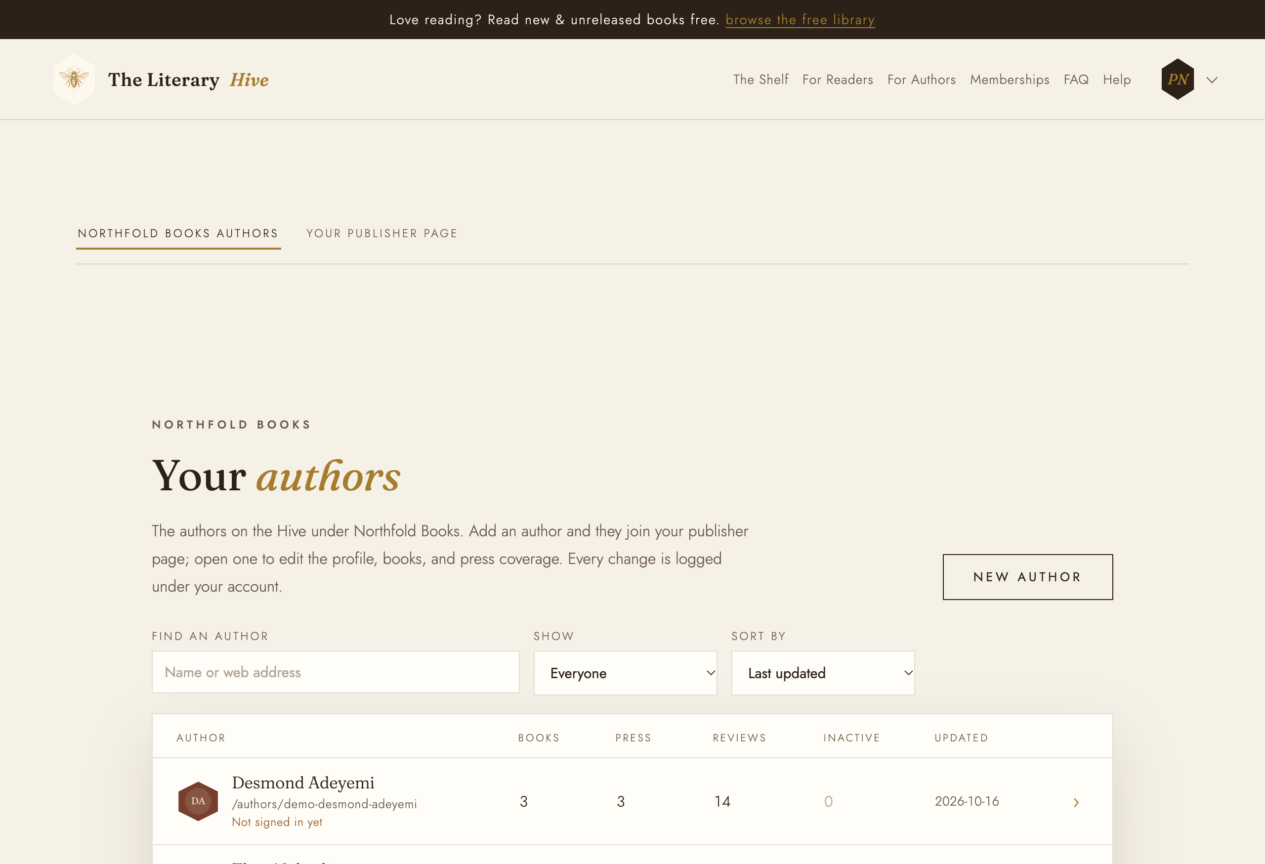 The Your authors list for a publisher, with a New author button and four authors
